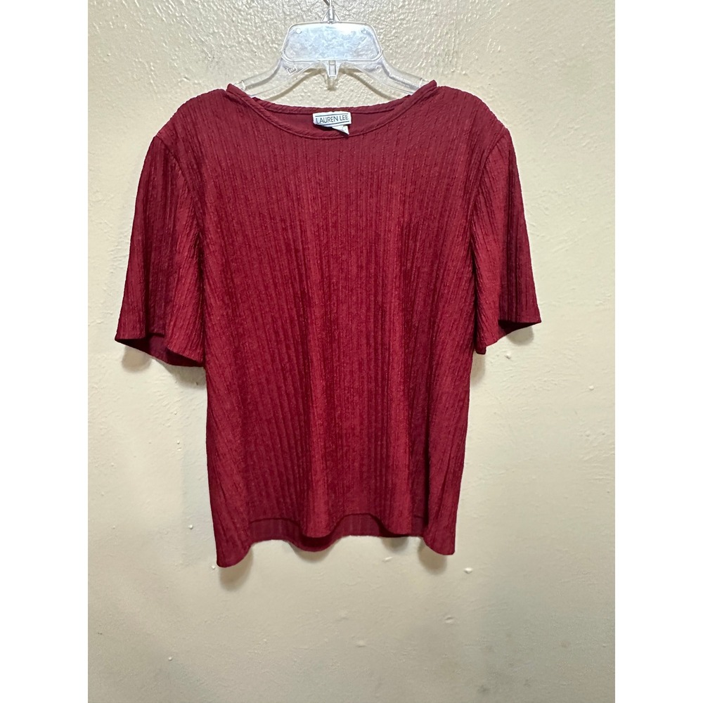Lauren Lee‎ Ribbed Knit Top Womens Medium Burgundy Short Sleeve